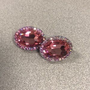 Pink Faux Diamond Oval Clip-on Earrings